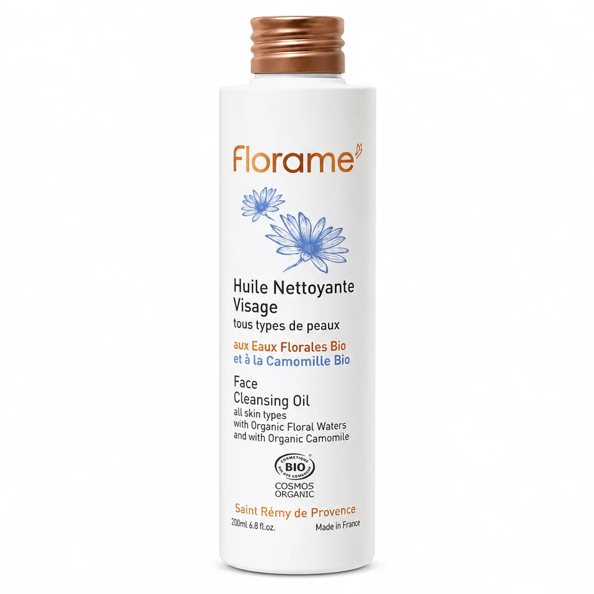 Huile nettoyante visage bio Florame en flacon avec bouchon bronze sur fond blanc