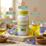 Capsules Huile Onagre-Bourrache Bio avec fleurs, bénéfices équilibre hormonal et peau éclatante