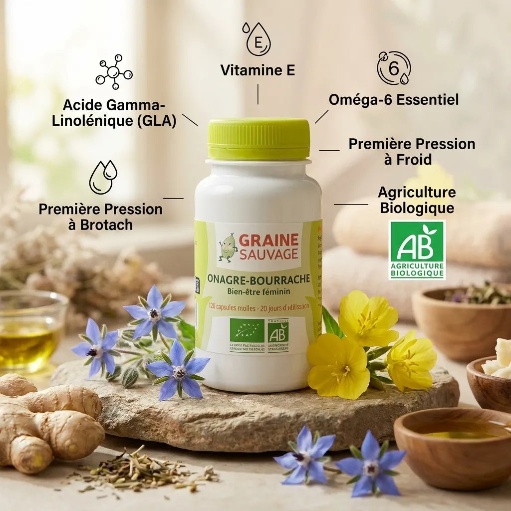 Bouteille Huile Onagre-Bourrache Bio avec capsules, fleurs borage, ingrédients naturels et certification AB