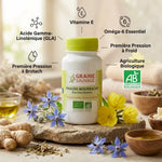 Bouteille Huile Onagre-Bourrache Bio avec capsules, fleurs borage, ingrédients naturels et certification AB