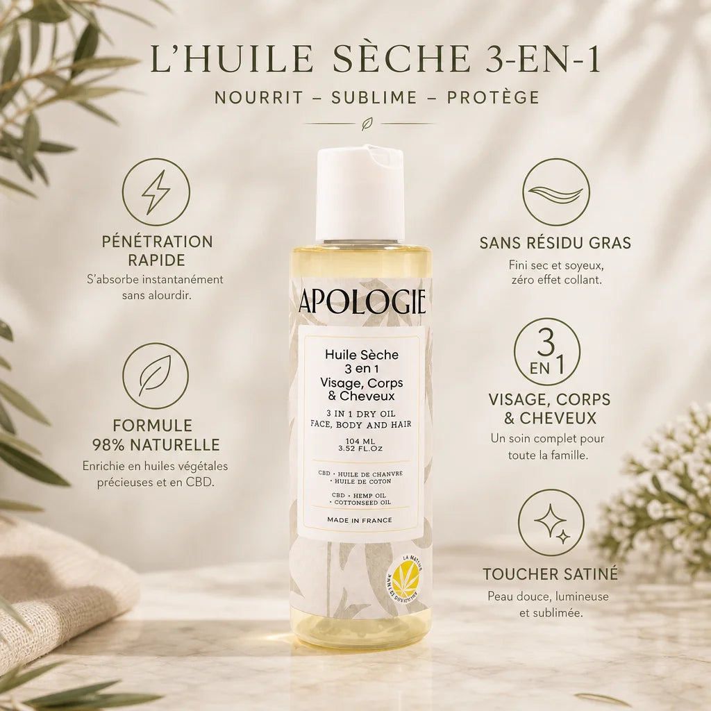 Huile Sèche 3 en 1 Apologie 104ml avec ses 5 bénéfices: pénétration rapide, sans résidu, 98% naturelle