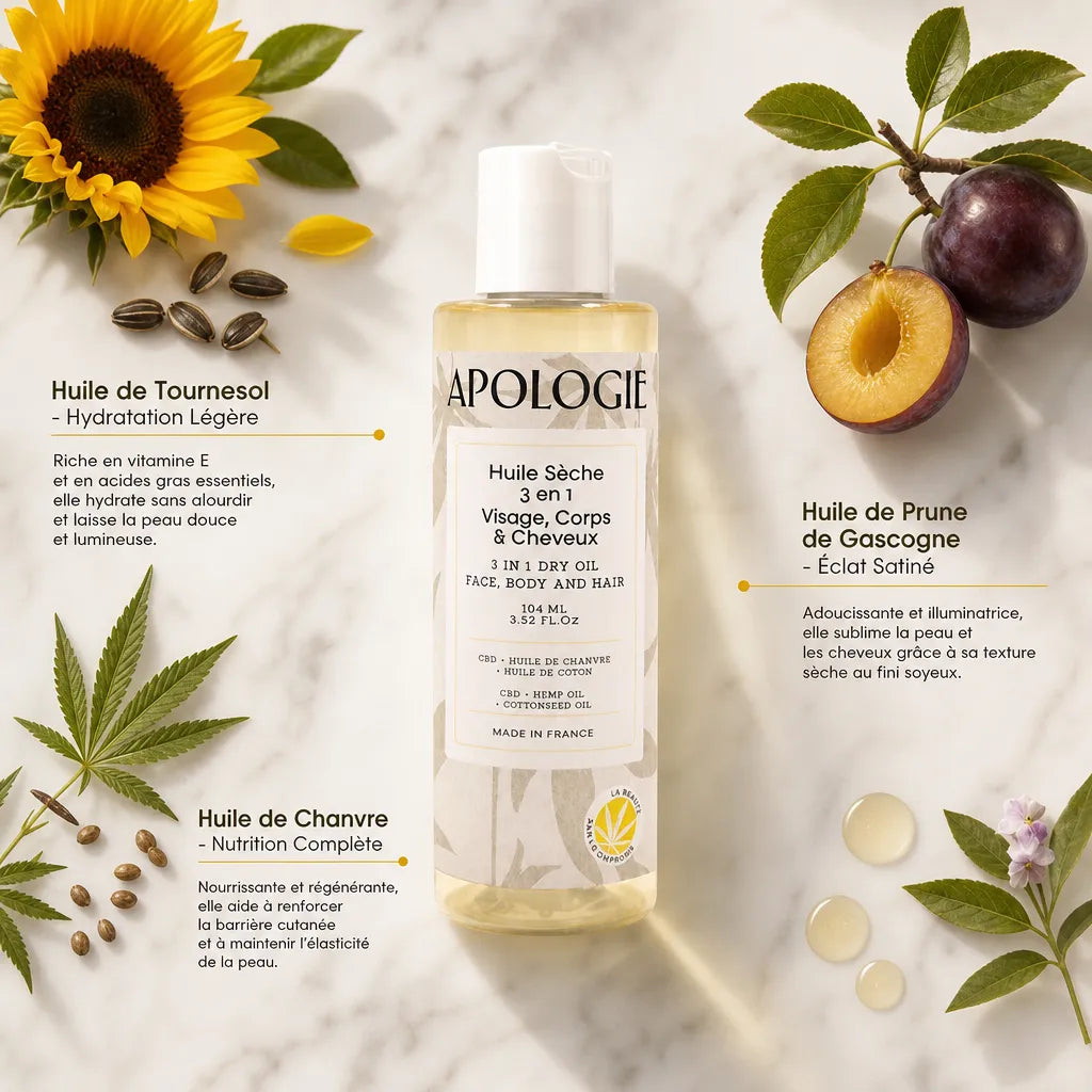 Huile Sèche 3 en 1 Apologie spray 104ml avec Tournesol, Prune Gascogne et Chanvre
