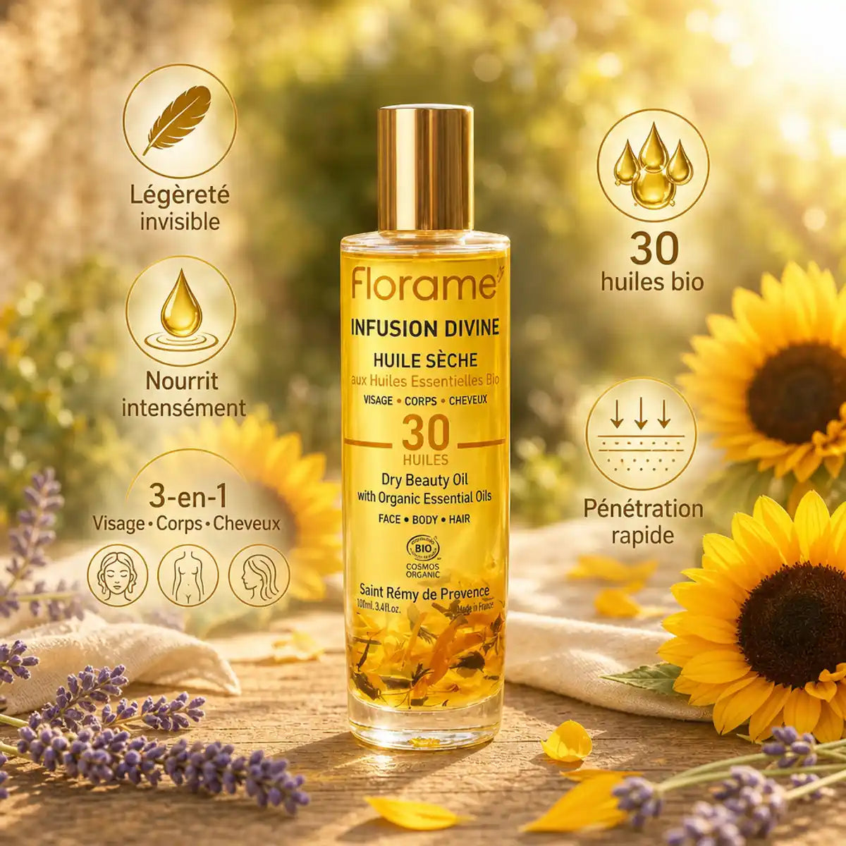 Florame Infusion Divine huile sèche bio 3-en-1 visage corps cheveux - 30 huiles naturelles