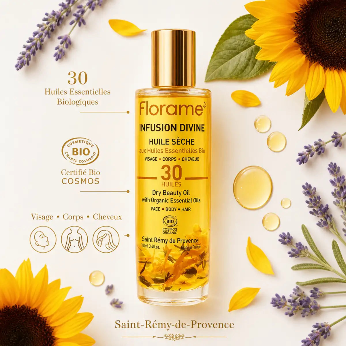 Huile Sèche Infusion Divine Florame certifiée bio avec ingrédients botaniques visage corps cheveux