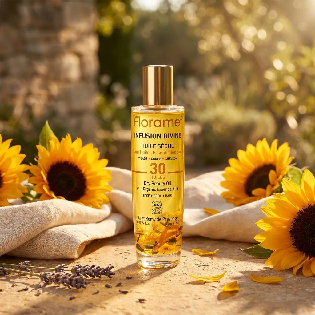 Huile Sèche Infusion Divine Florame bio avec fleurs et ambiance Provençale