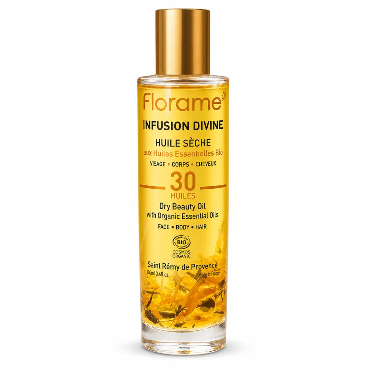 Huile sèche bio Infusion Divine Florame en flacon avec bouchon doré sur fond blanc
