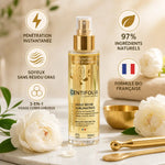 Huile sèche Centifolia 100ml avec infographie bénéfices naturels, formule bio française 3-en-1