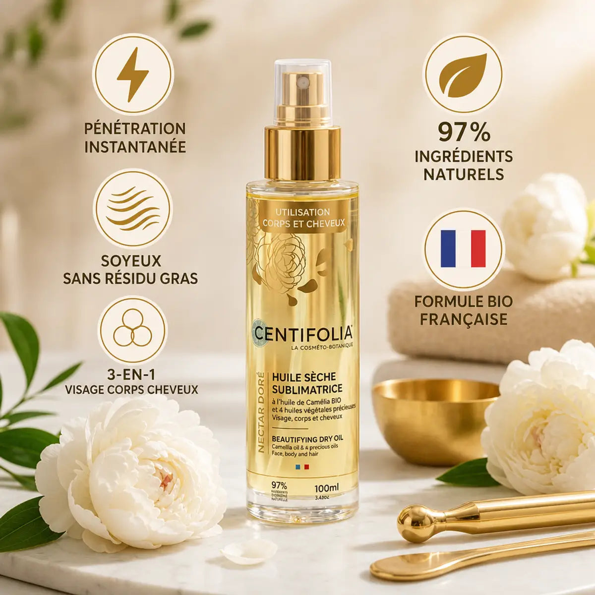 Huile sèche Centifolia 100ml avec infographie bénéfices naturels, formule bio française 3-en-1