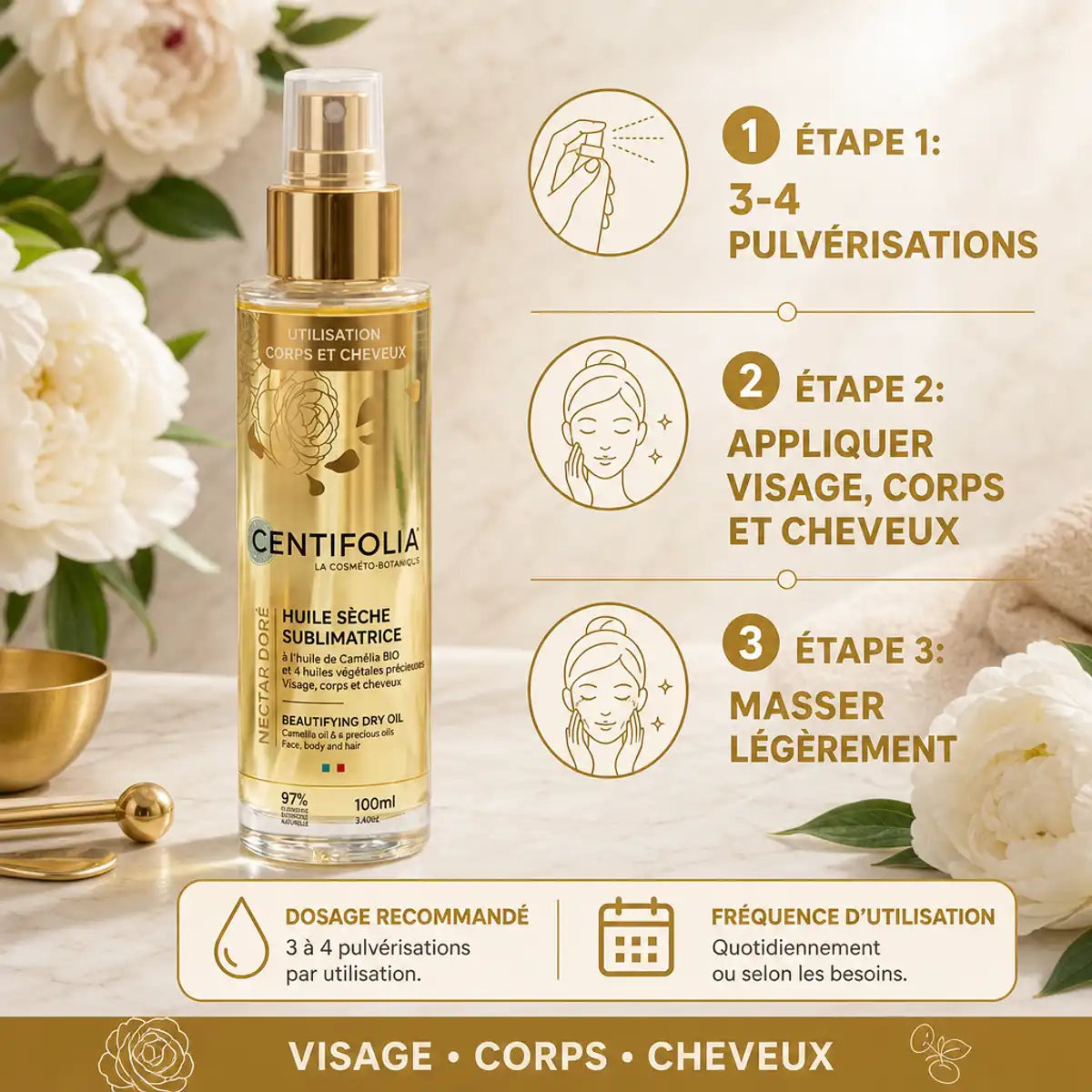 Huile sèche sublimatrice Centifolia avec guide d'application étapes visage corps cheveux