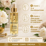 Huile sèche sublimatrice Centifolia avec guide d'application étapes visage corps cheveux