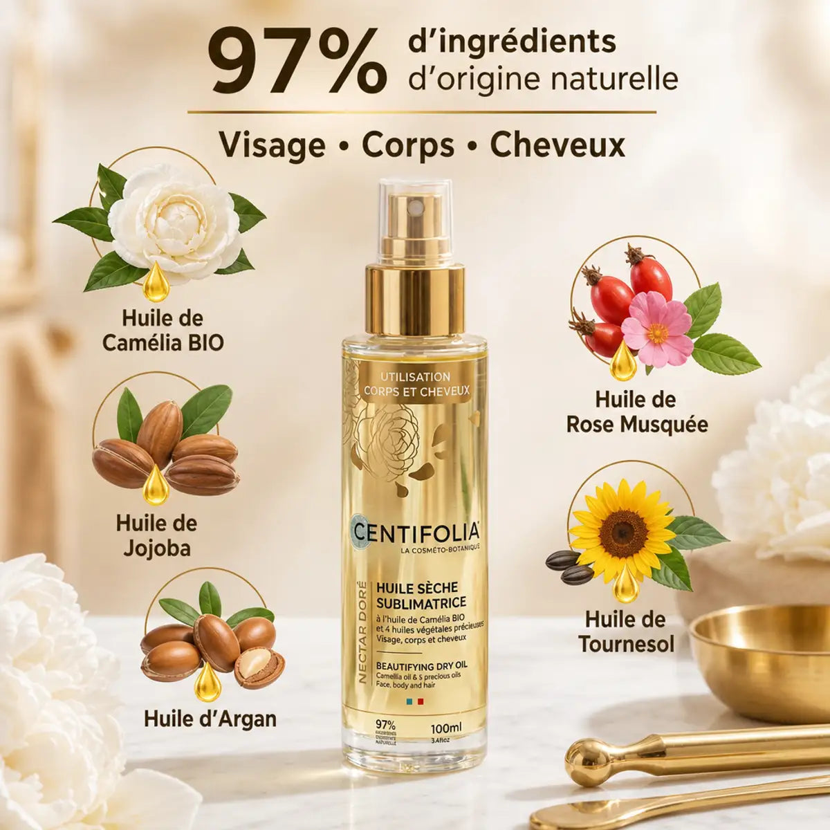 Huile sèche Centifolia sublimatrice avec ingrédients naturels et accessoires beauté sur marbre