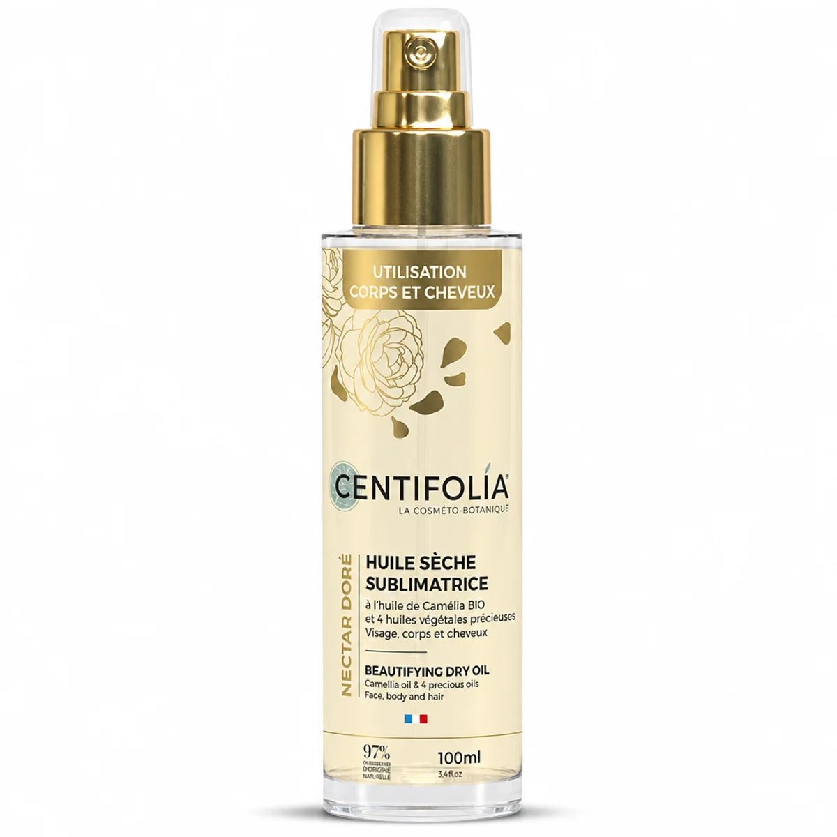 Huile sèche sublimatrice Centifolia spray 100ml flacon verre avec pompe dorée
