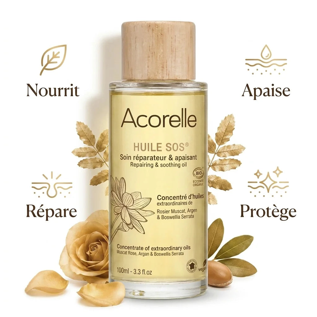 Huile SOS bio Acorelle avec ses 4 bénéfices : nourrit, apaise, répare, protège