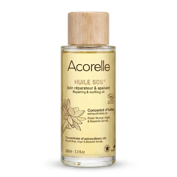 Huile SOS bio Acorelle en flacon avec bouchon bois sur fond blanc