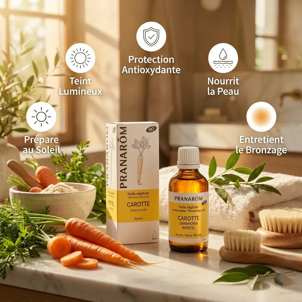 Huile végétale bio carotte Pranarom avec infographie bénéfices peau et ingrédients naturels