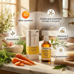 Huile végétale bio de carotte Pranarom avec composition nutritionnelle : bêta-carotène, vitamine E et acides gras essentiels