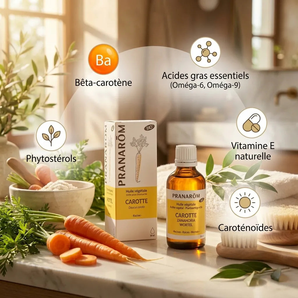 Huile végétale bio de carotte Pranarom avec composition nutritionnelle : bêta-carotène, vitamine E et acides gras essentiels