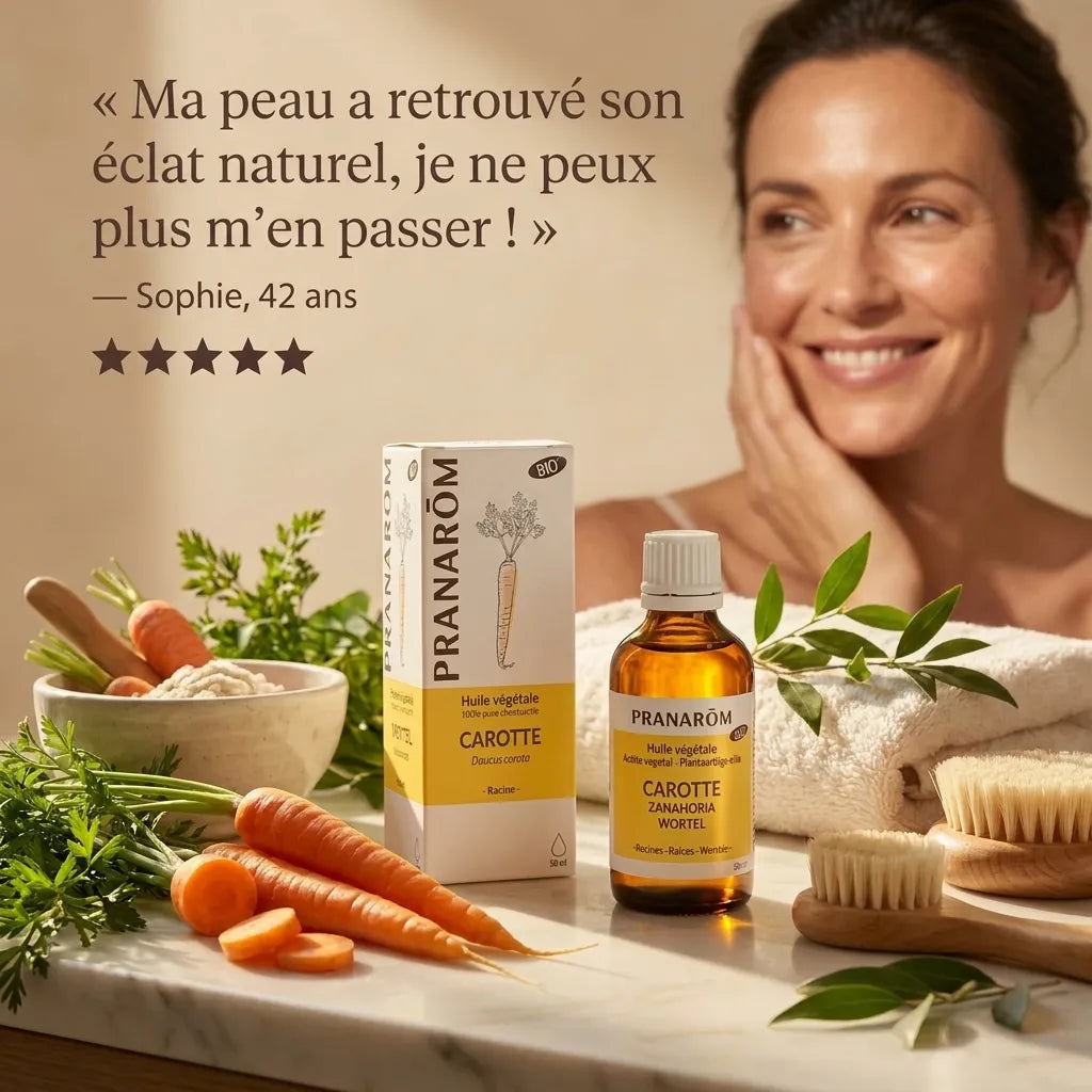 Huile végétale bio de carotte Pranarom avec témoignage client et ingrédients naturels