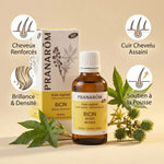 Huile ricin bio Pranarom avec infographie bénéfices cheveux renforcés et brillance