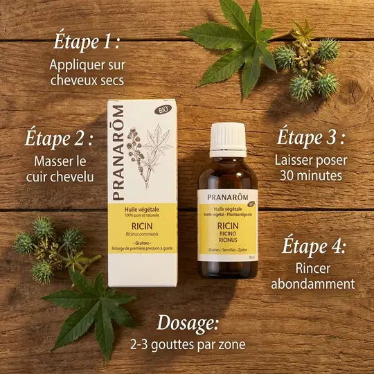 Huile ricin bio Pranarom - guide application cheveux avec étapes massage cuir chevelu
