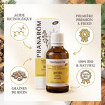 Huile végétale bio de ricin Pranarom en flacon avec ingrédients et certifications biologiques