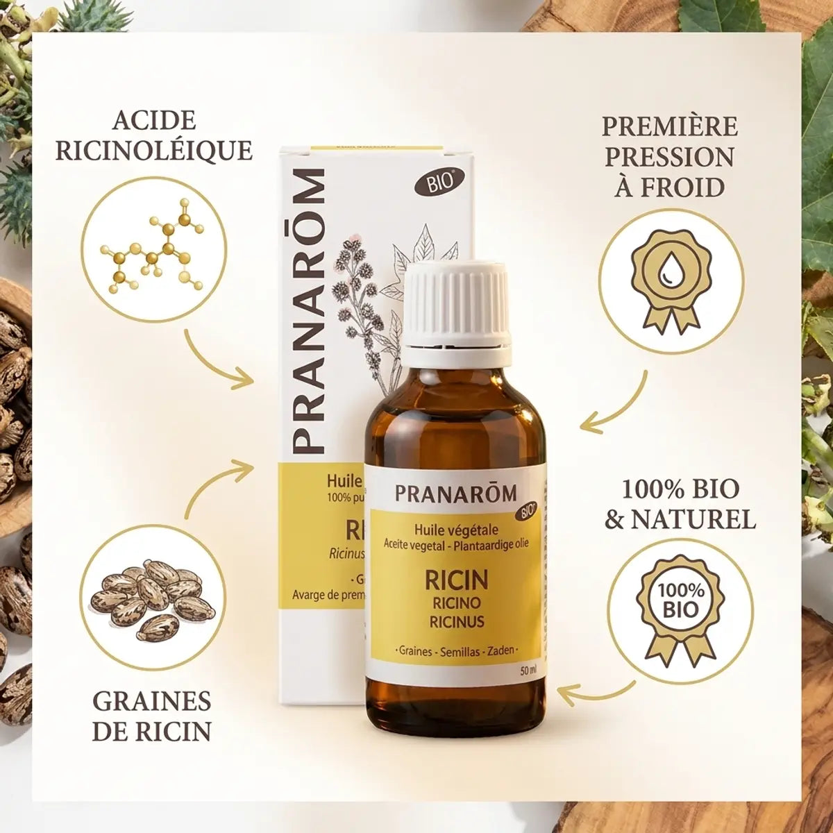 Huile végétale bio de ricin Pranarom en flacon avec ingrédients et certifications biologiques