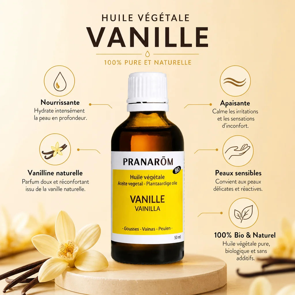 Huile végétale bio vanille Pranarom 50ml - Nourrissante, apaisante, peaux sensibles