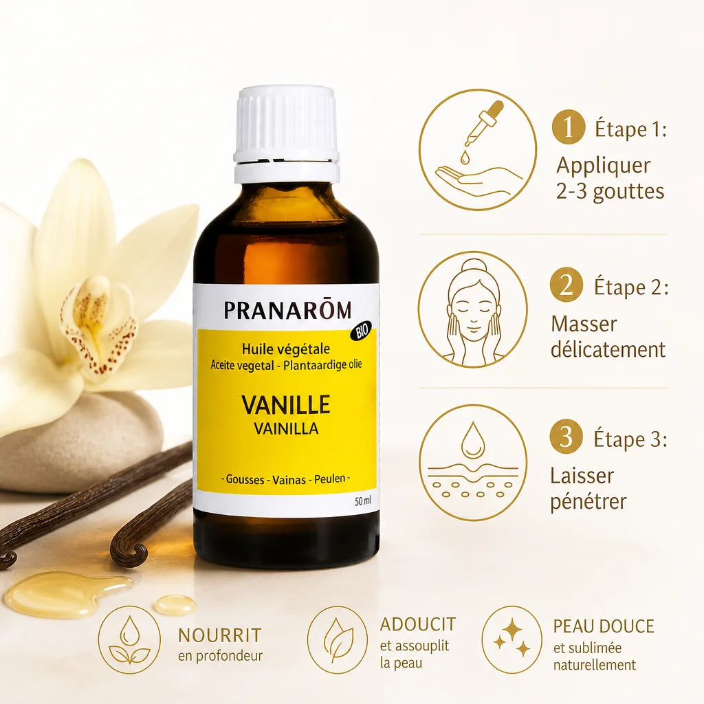 Huile végétale bio vanille Pranarom 50ml - guide application massage peau