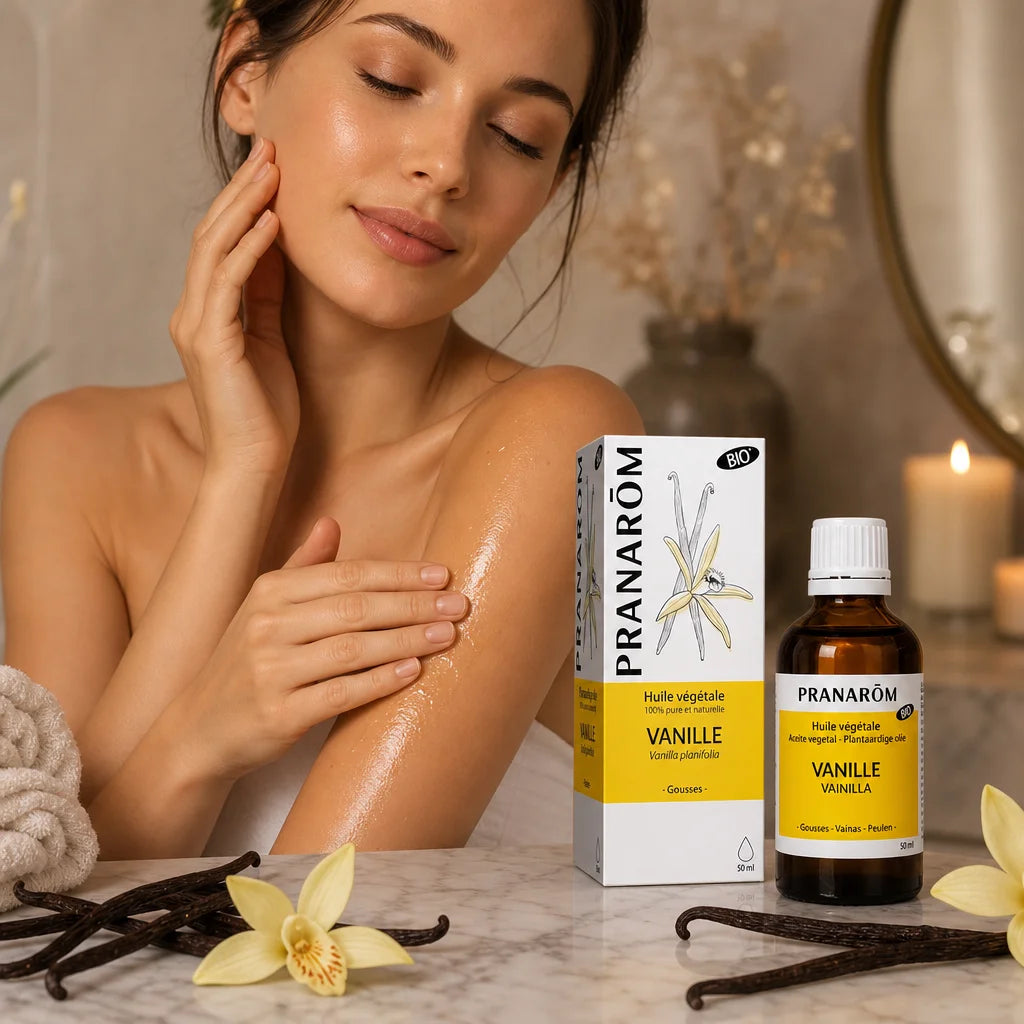 Huile végétale bio vanille Pranarom application sur peau, flacon doré spa luxe