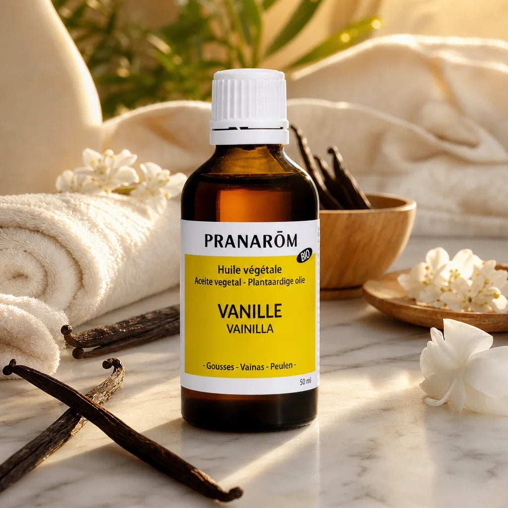 Huile végétale bio vanille Pranarom en flacon ambré avec gousses vanille fraîches