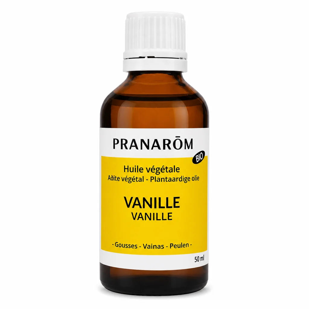Huile végétale bio vanille Pranarom 50ml flacon verre ambré étiquette jaune