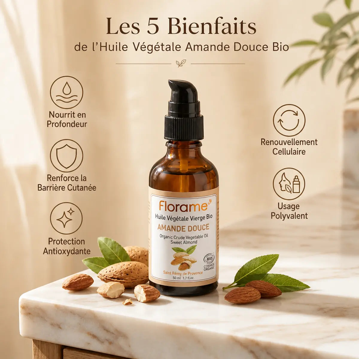 Huile d'amande douce bio Florame avec ses 5 bénéfices : nutrition, protection cutanée et antioxydants