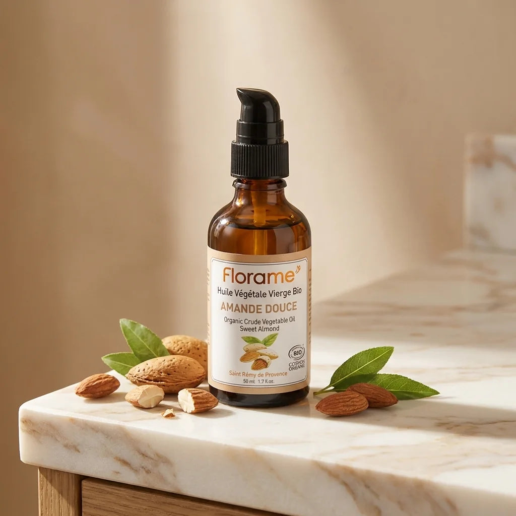 Huile d'amande douce bio Florame avec amandes fraîches et feuilles vertes sur marbre blanc