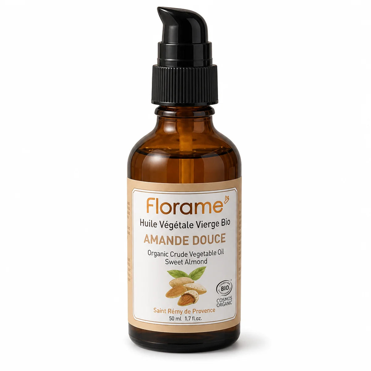 Bouteille d'huile végétale d'amande douce bio Florame avec pompe, fond blanc