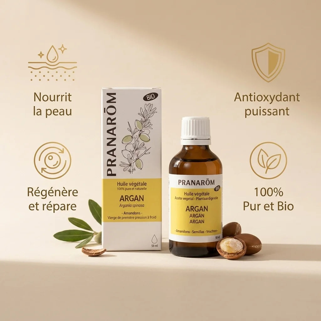 Huile d'argan bio Pranarom avec ses bienfaits : nourrissante, antioxydante, régénérante et 100% pure