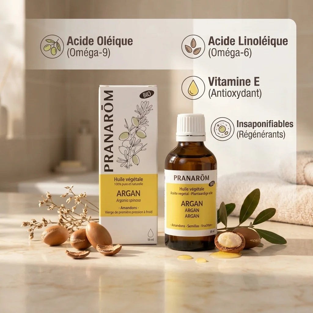 Huile d'argan bio Pranarom avec ingrédients actifs, acides gras oméga et vitamine E