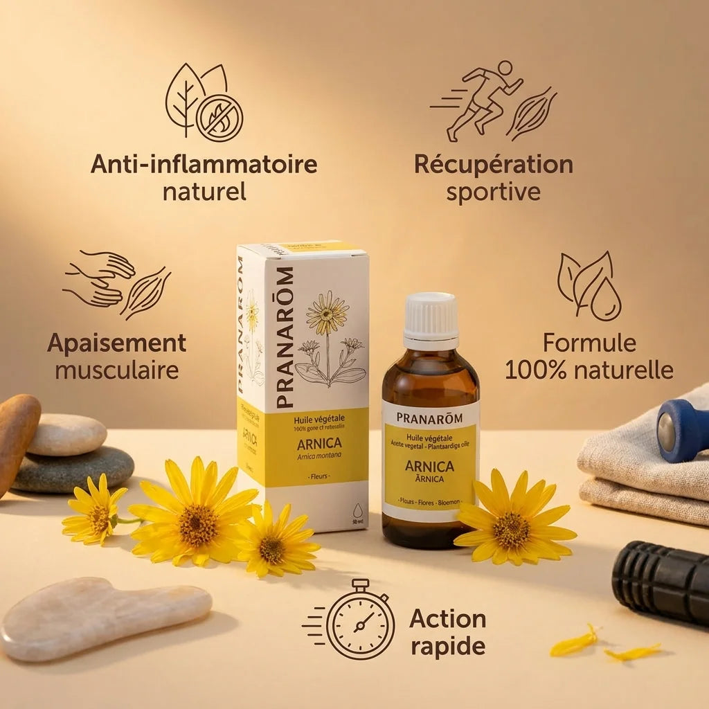 Bouteille Pranarom huile d'arnica avec infographies des bénéfices : anti-inflammatoire, récupération sportive, apaisement musculaire