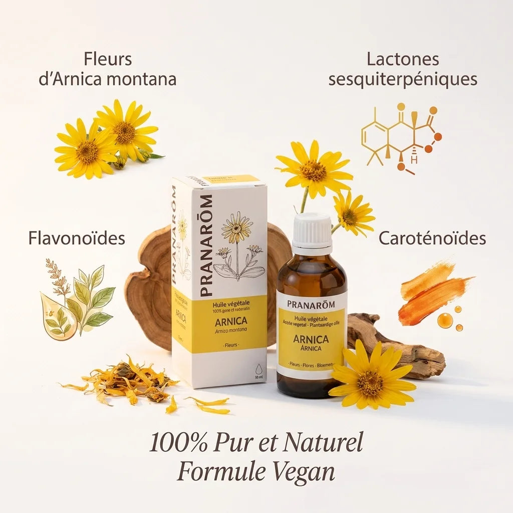 Huile végétale d'arnica Pranarom pure et naturelle avec fleurs d'arnica montana et ingrédients botaniques