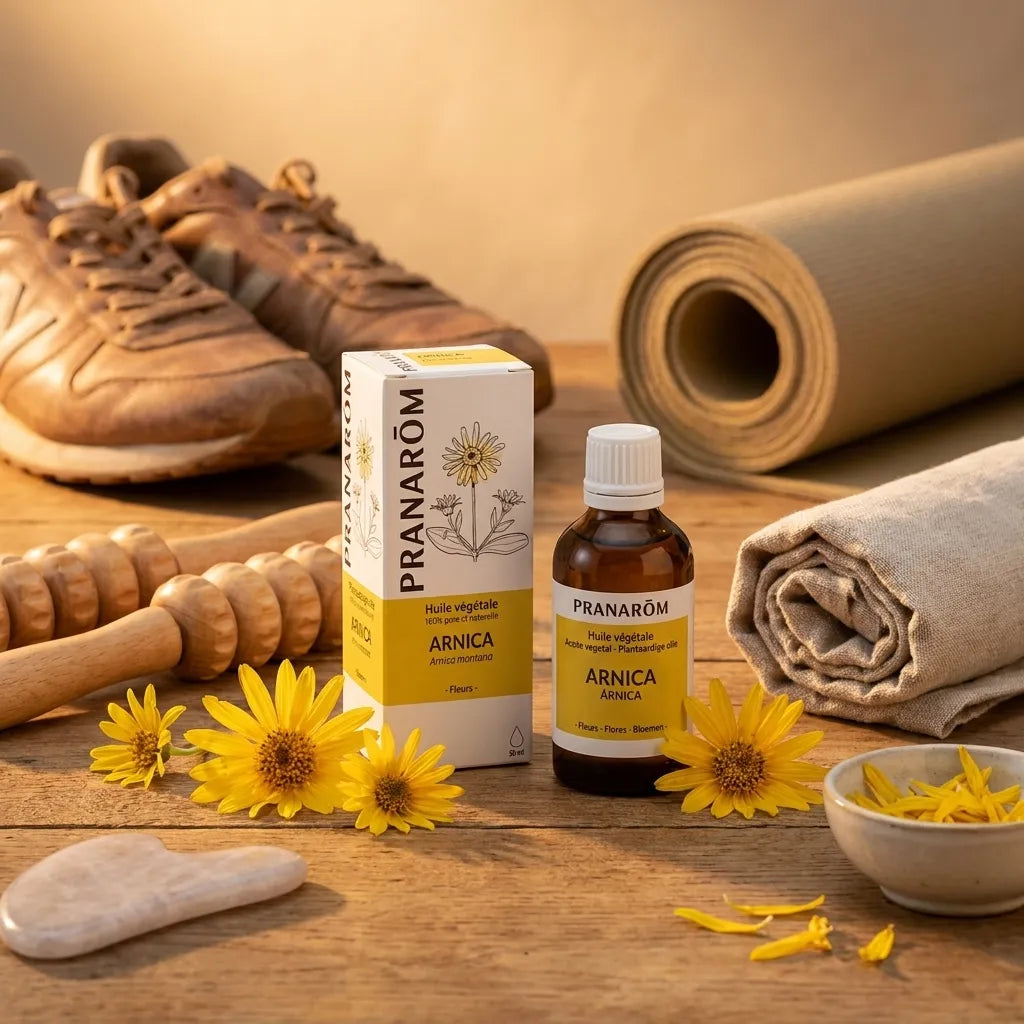 Bouteille huile végétale arnica Pranarom avec fleurs, outils massage et accessoires récupération sportive