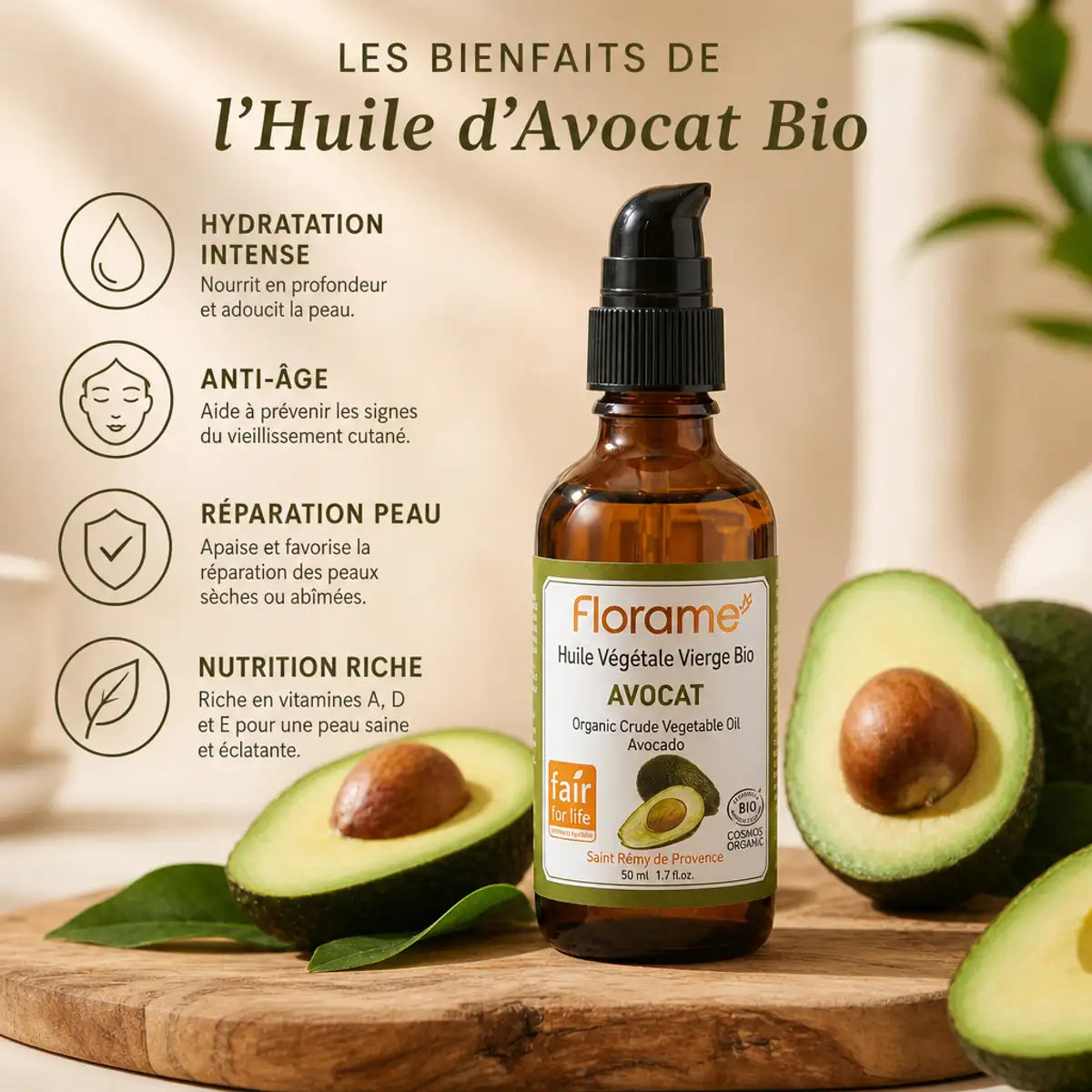 Huile d'avocat bio Florame en flacon verre avec avocados frais et bénéfices hydratation anti-âge