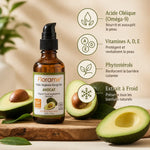 Huile végétale d'avocat bio Florame avec flacon, avocats frais et infographie des nutriments