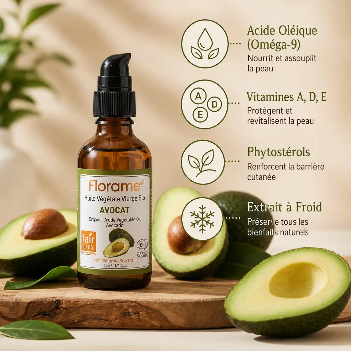 Huile végétale d'avocat bio Florame avec flacon, avocats frais et infographie des nutriments