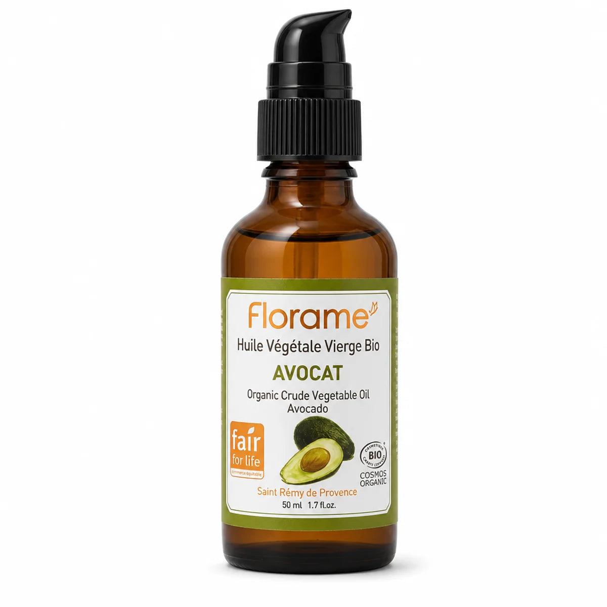 Huile végétale d'avocat bio Florame 50ml en flacon verre ambré avec pompe