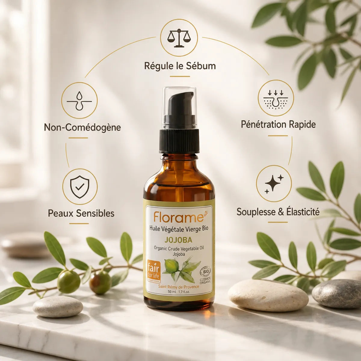 Huile de jojoba bio Florame avec bénéfices : régule sébum, non-comédogène, pénétration rapide