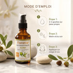 Huile de Jojoba bio Florame avec mode d'emploi : 2-3 gouttes matin et soir sur visage et cou