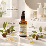Huile de Jojoba bio Florame première pression à froid, bouteille avec pompe et ingrédients naturels