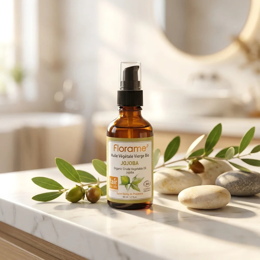 Huile végétale de jojoba bio Florame en flacon verre ambré sur marbre blanc avec branches de jojoba