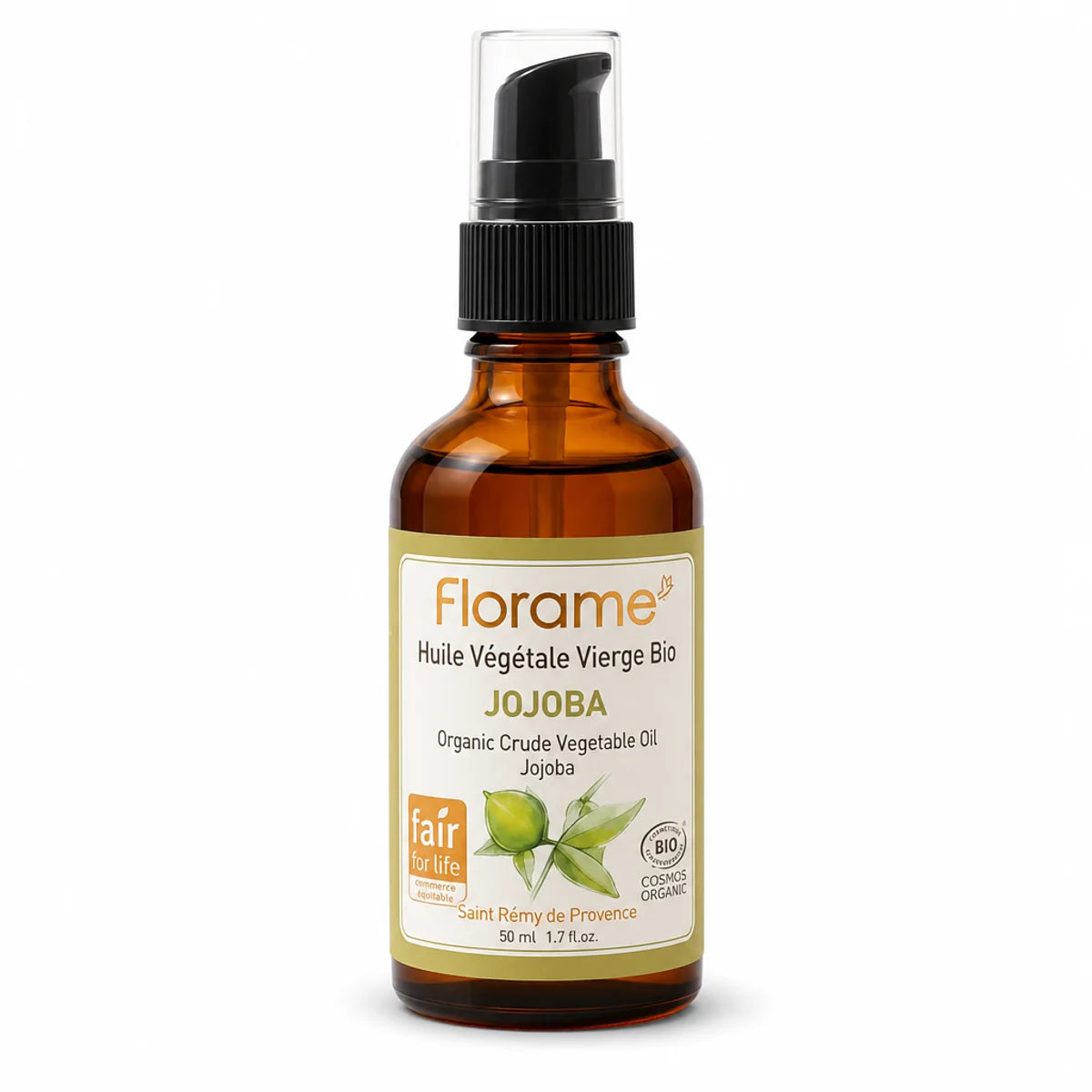 Huile végétale de Jojoba bio Florame flacon avec pompe, fond blanc
