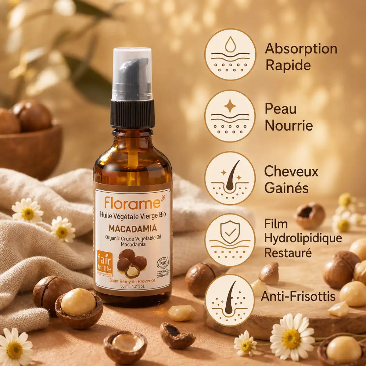 Huile macadamia bio Florame avec bénéfices peau et cheveux, noix et fleurs naturelles