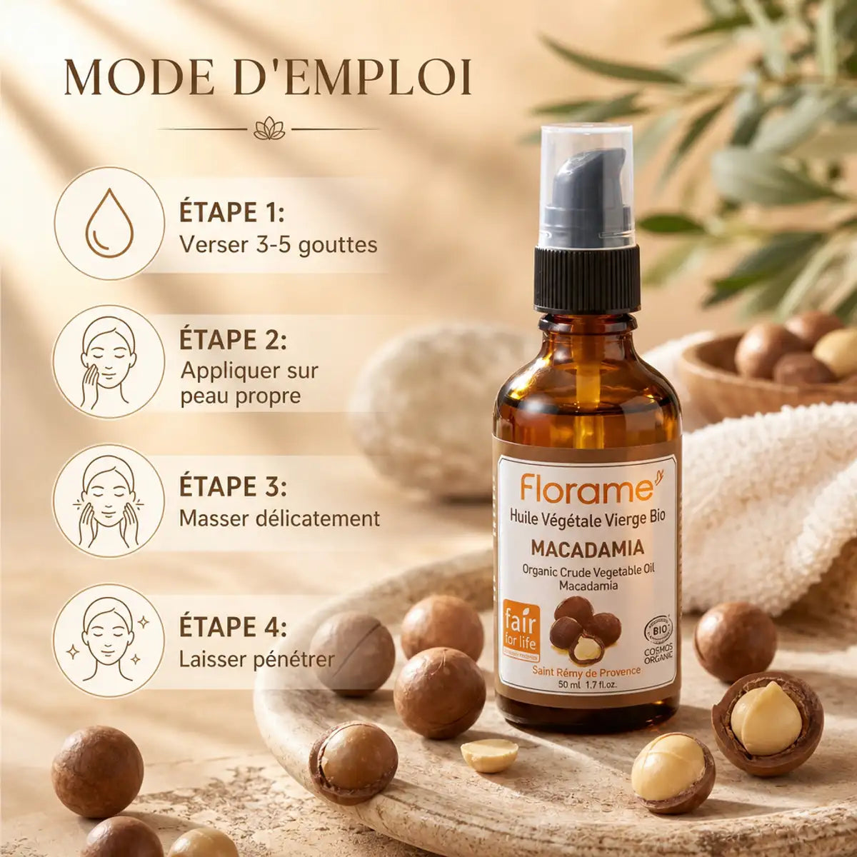 Huile macadamia bio Florame avec guide d'application - soin peau naturel certifié